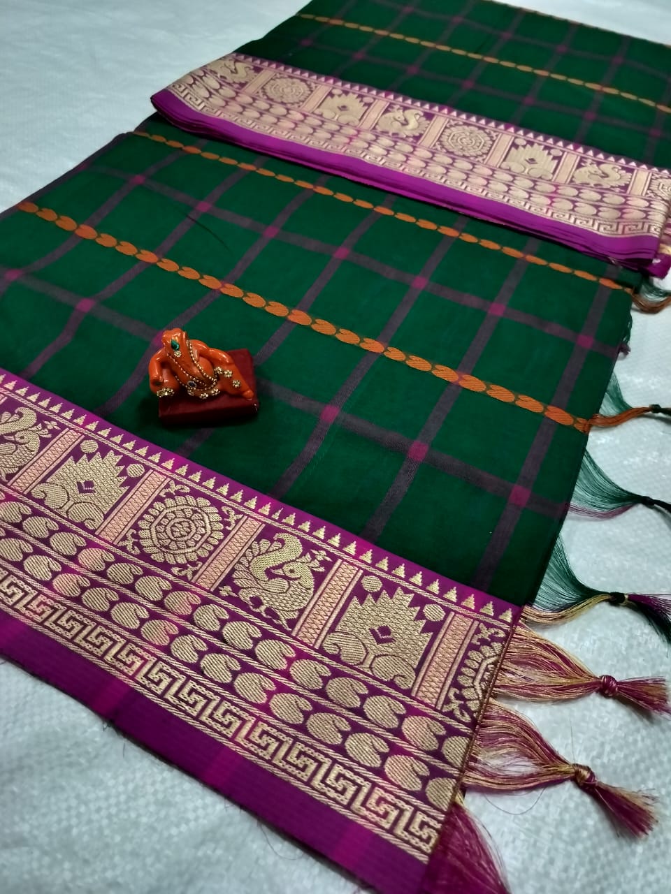 Dark green Narayanpet Cotton checks  sarees