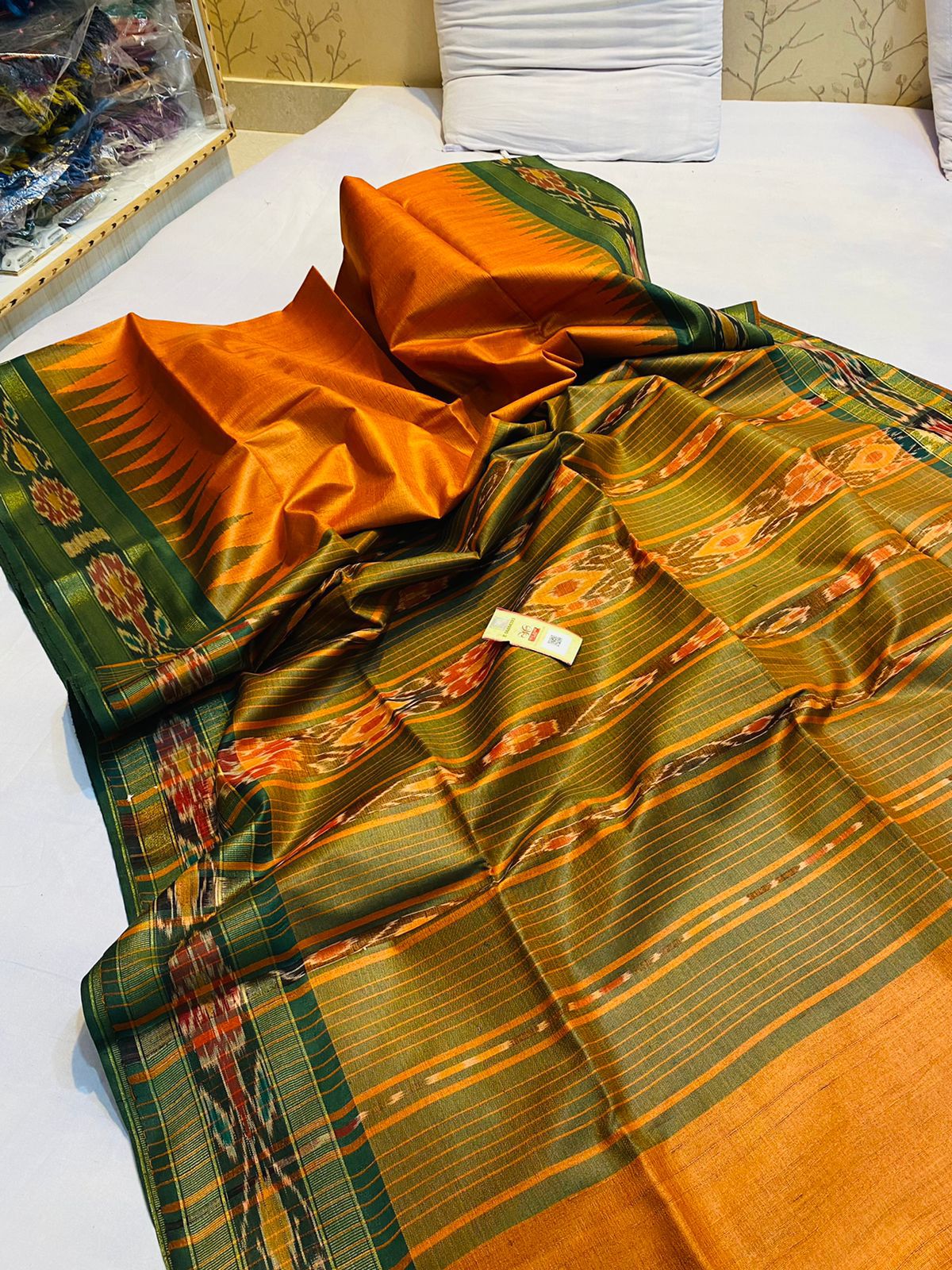 Orange with green Pure desi tussar silk pochampally border sarees