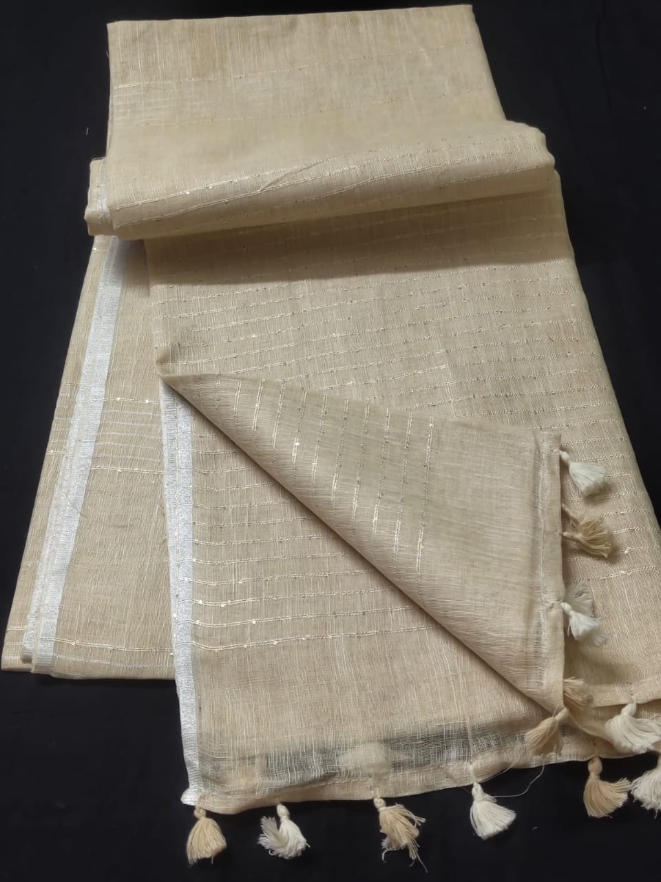 Beige linen striped sarees