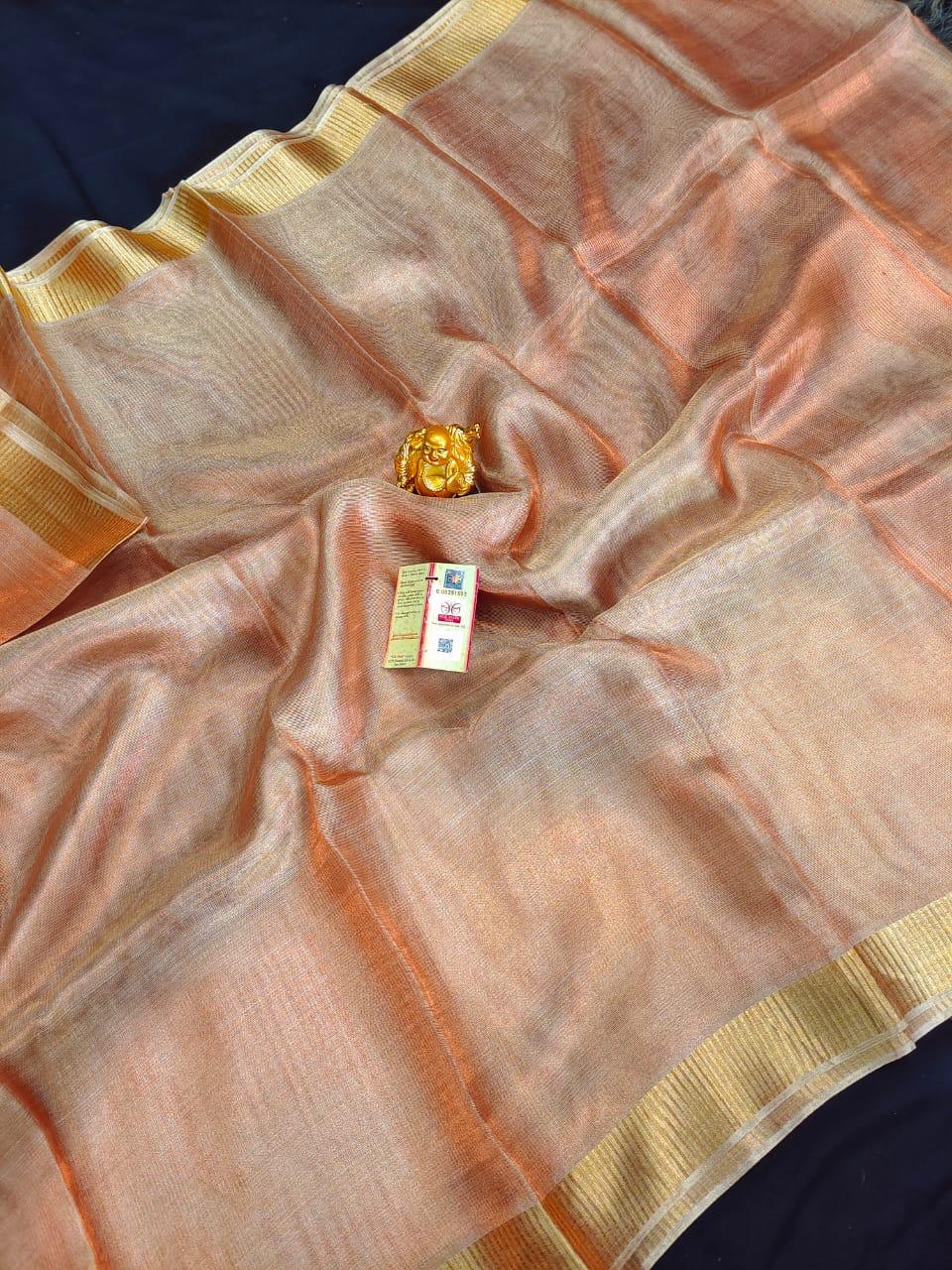 Light gold Pure Tussar tissue silk sarees