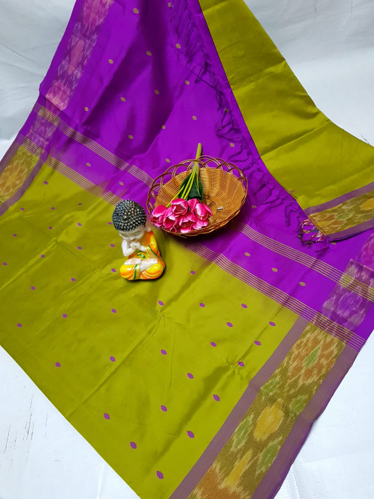 Olive green Tripura silk sarees with Pochampally border