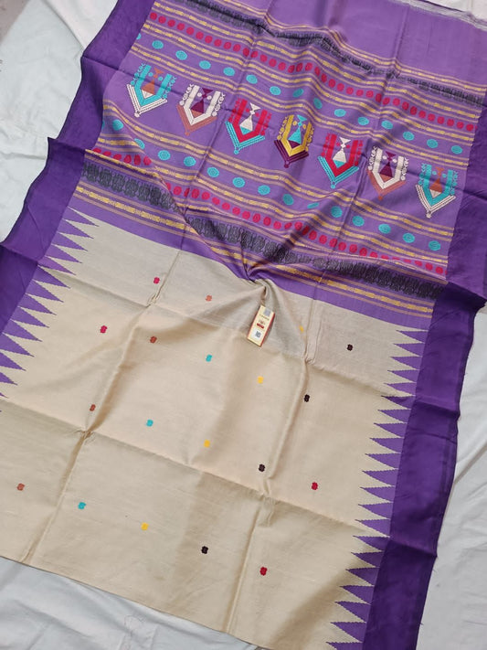 Cream with purple pure desi tussar silk sarees