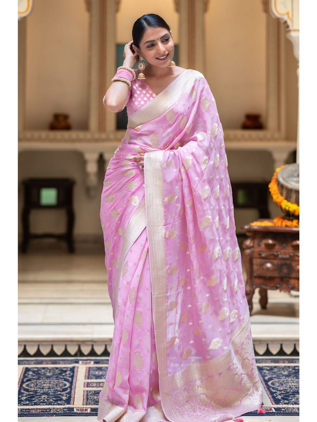 Fuchsia pink Banarasi semi georgette silk sarees