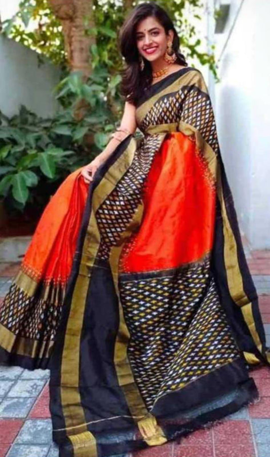 Orange ikkat plain silk sarees