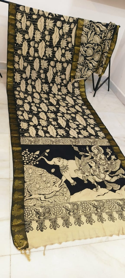 Black and white mangalagiri pen kalamkari sarees