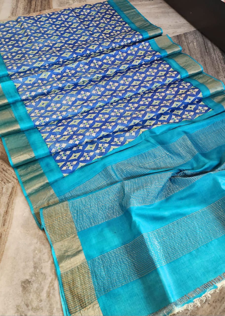 Light Blue pure tussar silk printed sarees