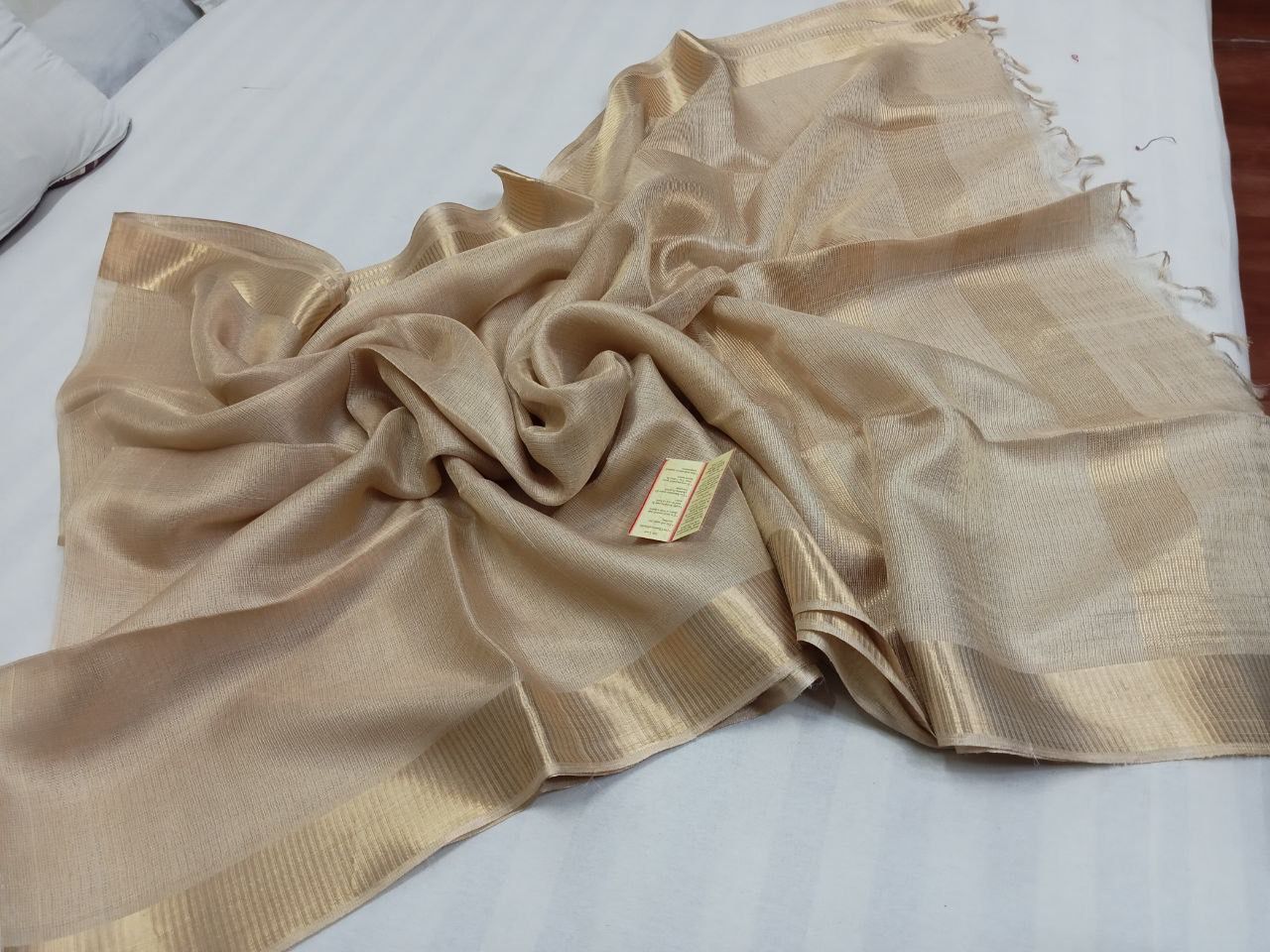 Light gold Pure handloom Tussar tissue silk sarees