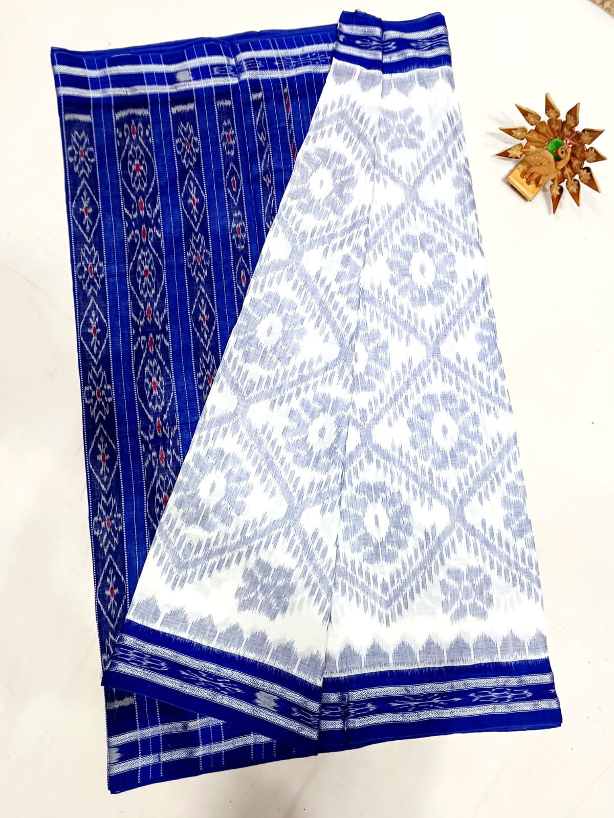 White and royal blue ikkat mercerised Cotton sarees