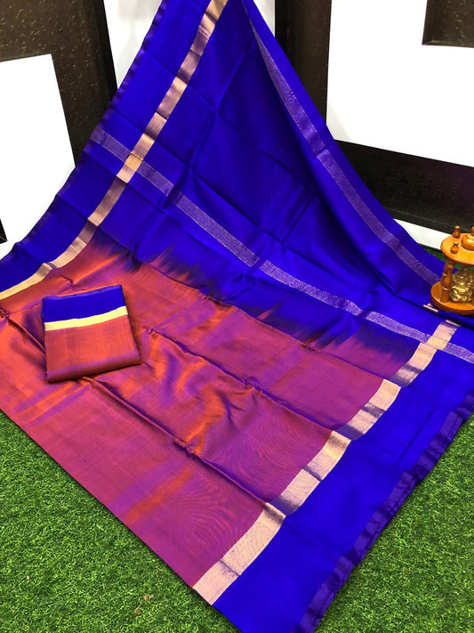 Dark magenta and royal blue uppada pattu plain sarees