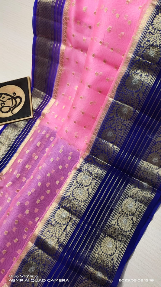 Pink and Navy blue Banarasi kora organza silk sarees