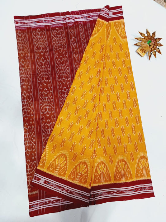 Yellow and maroon ikkat mercerised Cotton sarees