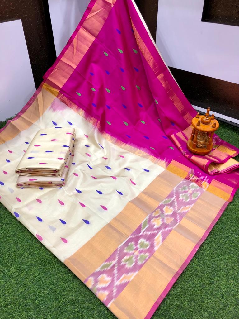 Cream and pink uppada pattu pochampally border sarees