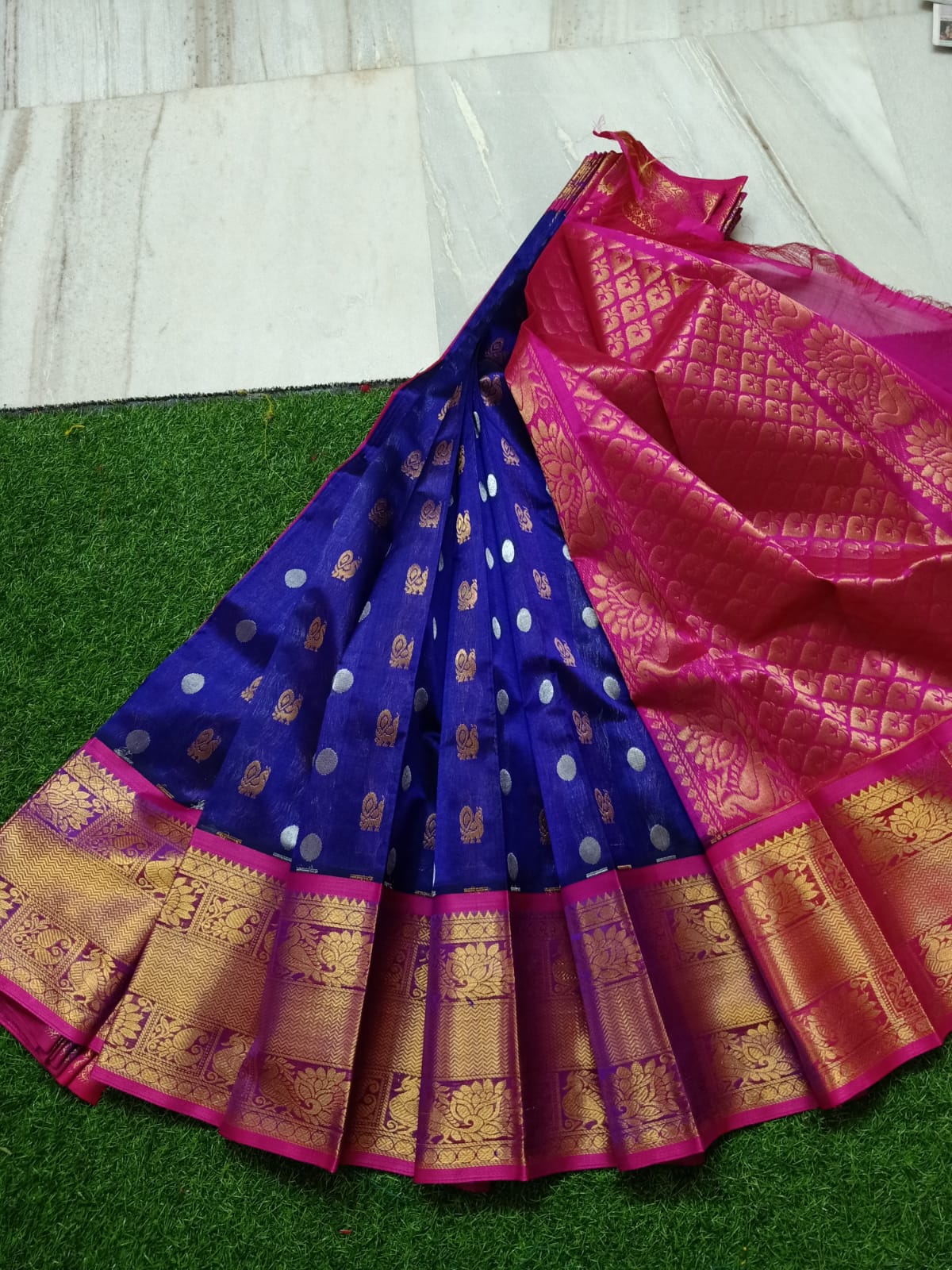 Dark blue and pink handloom Kuppadam kanchi border sarees