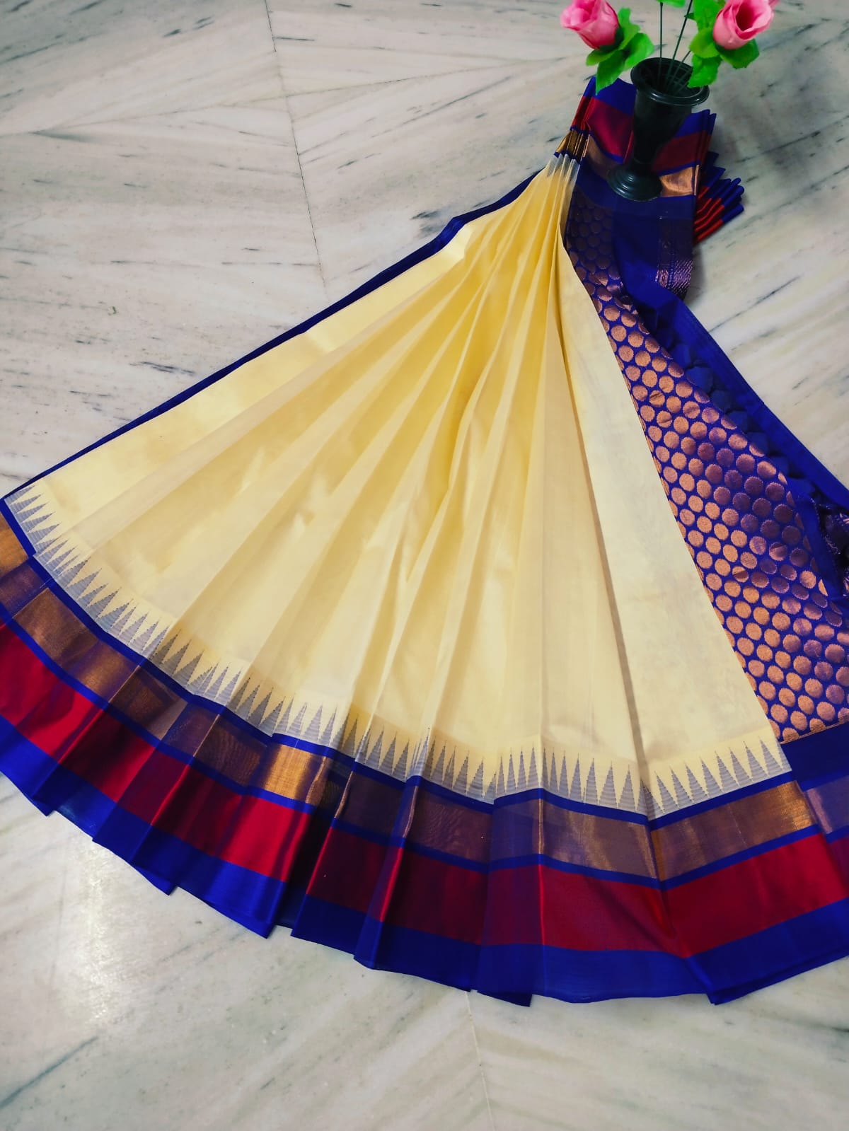 Cream and royal blue pure handloom Kuppadam sarees