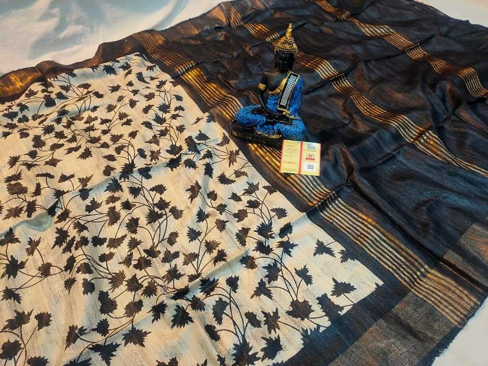 Cream and black Pure Tussar gicha screen print sarees