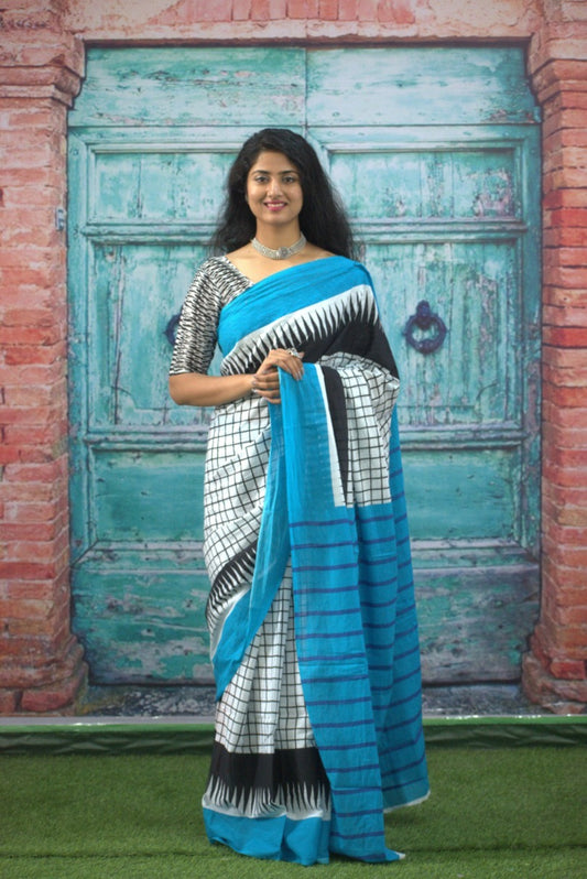 White and sky blue mulmul cotton sarees