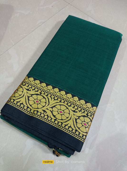 Dark green Narayanpet Cotton sarees with small border