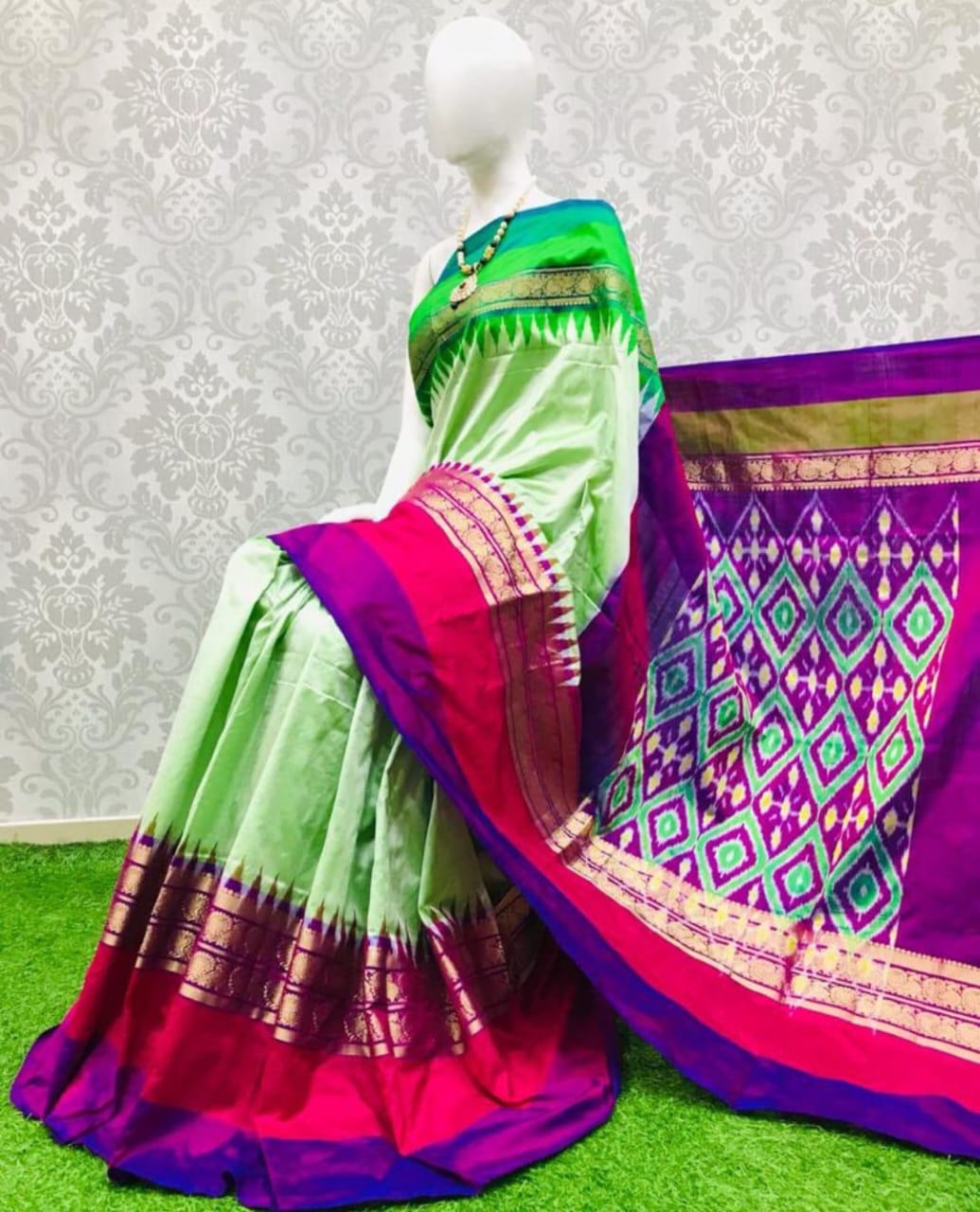 Pista green ikkat silk sarees with jakat kanchi border