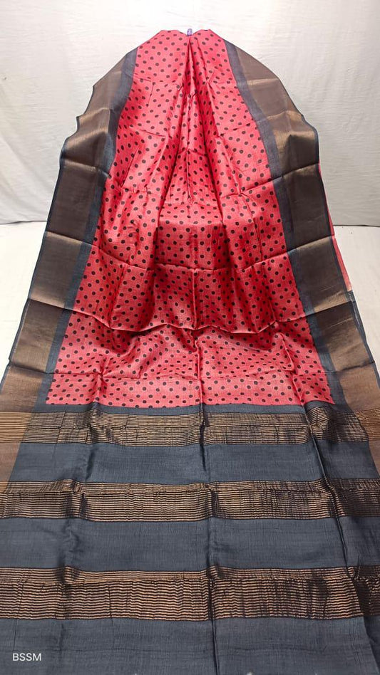 Brick red pure tussar silk hand block printed sarees