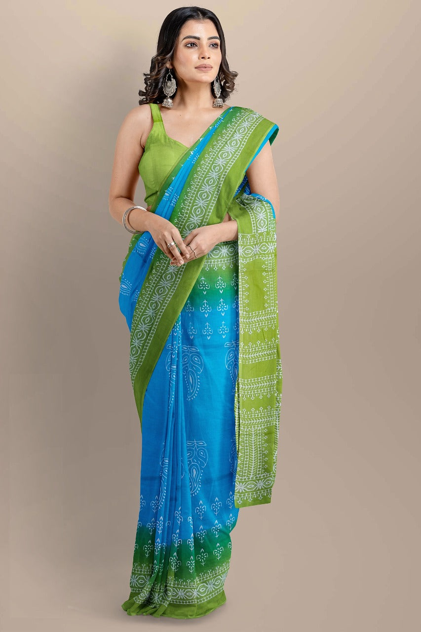 Sky blue and green Handblock printed mulmul cotton sarees