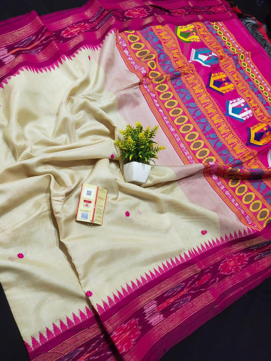 Beige with dark pink pure desi tussar silk sarees