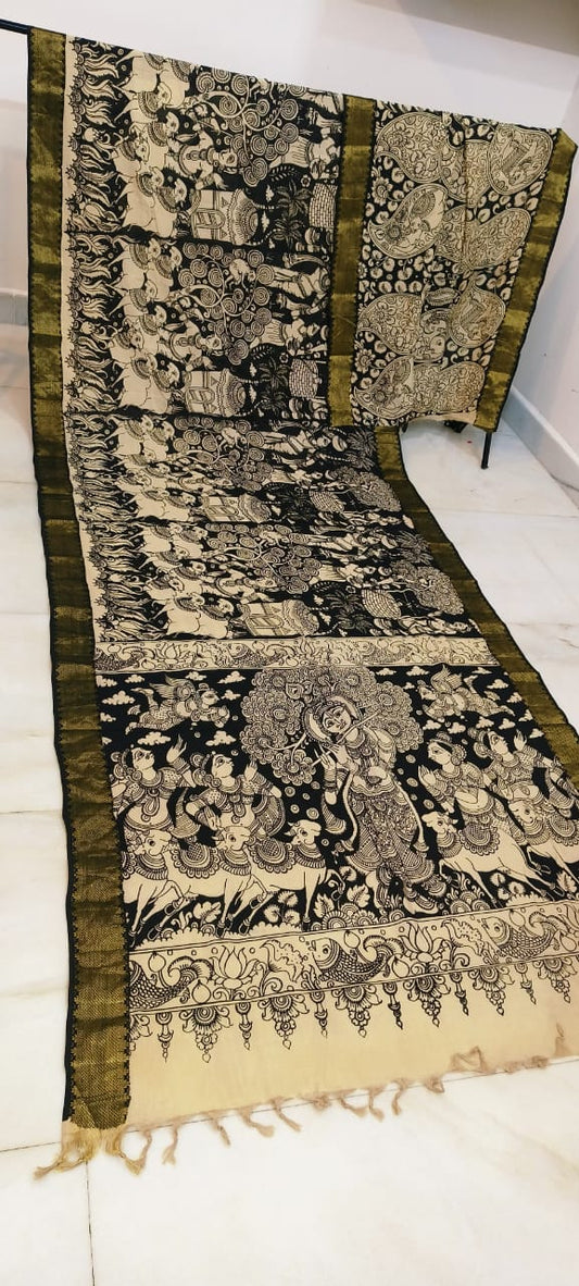 Black and white mangalagiri pen kalamkari sarees