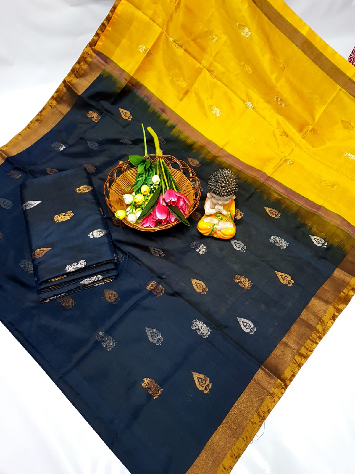 Midnight blue handloom Uppada silk sarees with small border