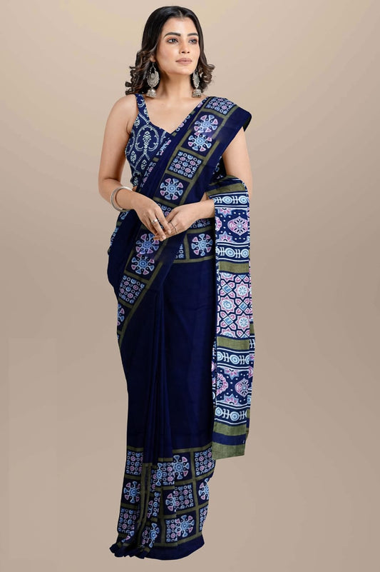 Dark Navy blue Handblock printed mulmul cotton sarees