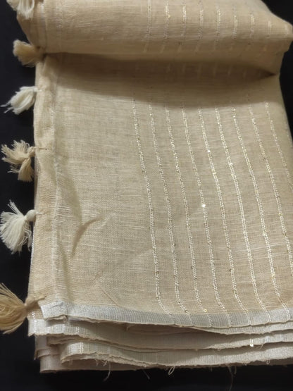 Beige linen striped sarees