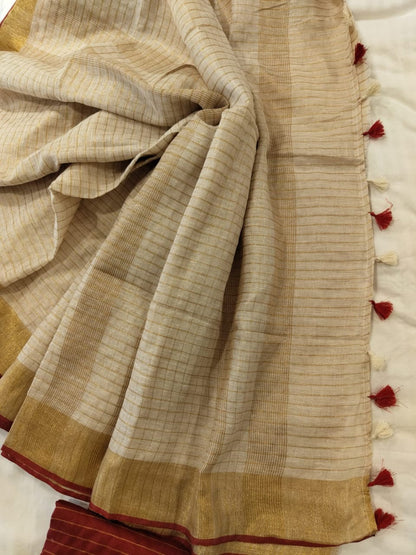 Beige linen checks sarees