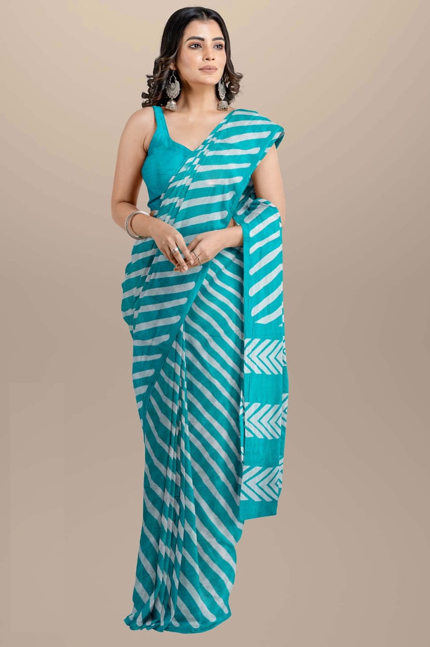 Sky blue Handblock printed mulmul cotton sarees