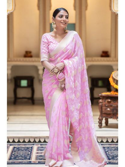 Fuchsia pink Banarasi semi georgette silk sarees