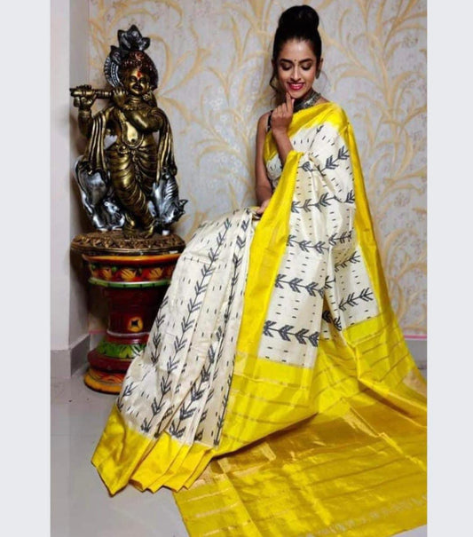 Cream and yellow handloom pochampally ikkat silk sarees