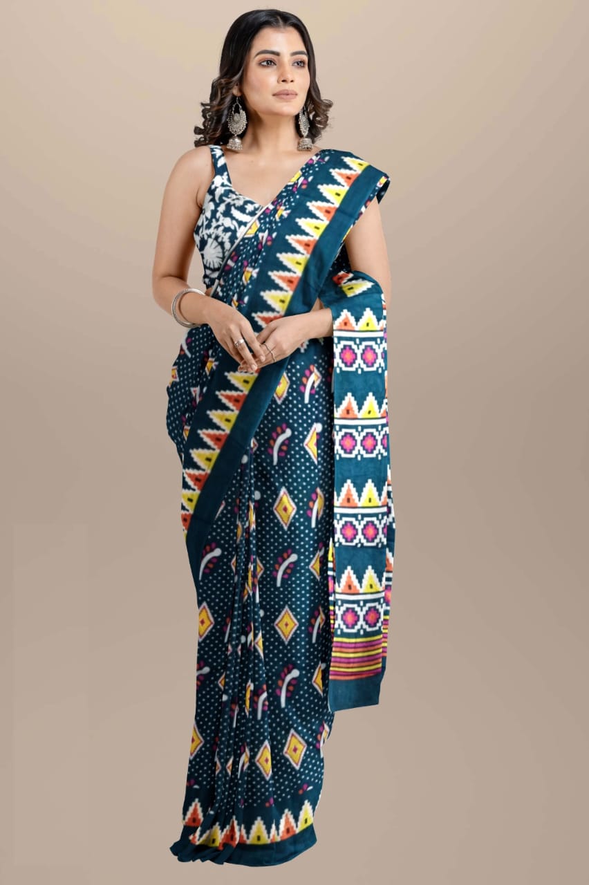 Dark peacock blue Handblock printed mulmul cotton sarees