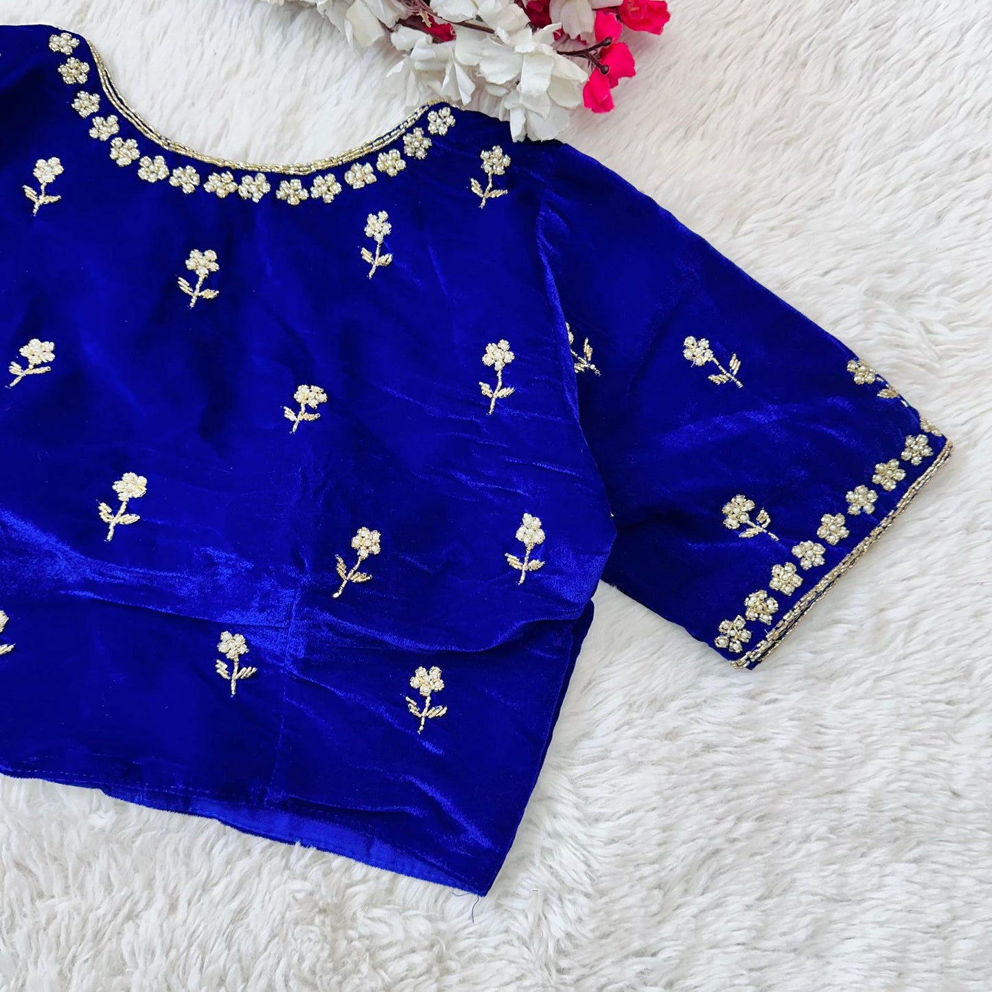 Royal blue readymade velvet pearl work blouse