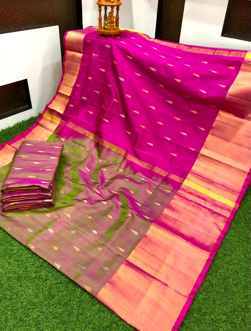 Green and pink Uppada small Jamdani butta Sarees