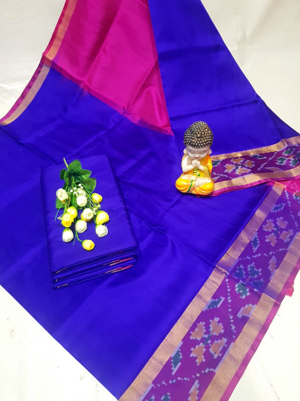 Blue and pink Uppada sarees with small pochampally border