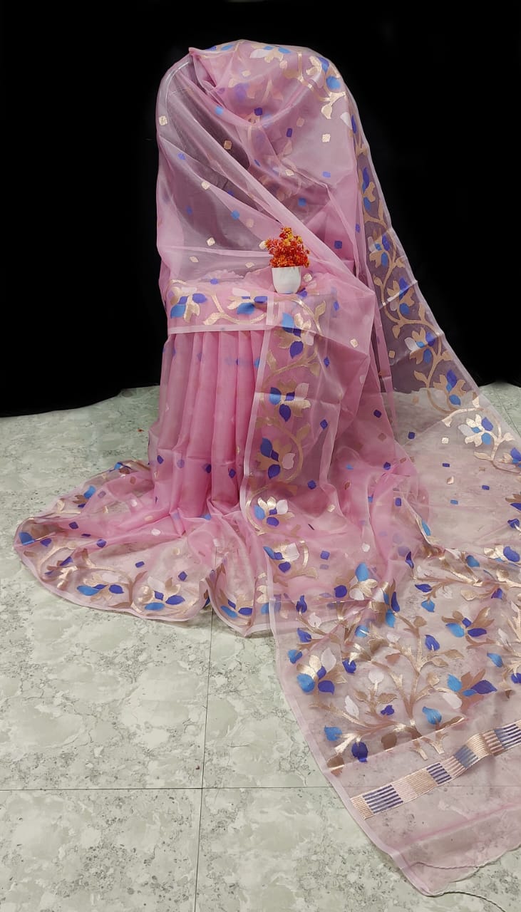 Baby pink pure Muslin organza silk sarees