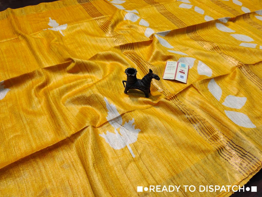 Yellow Pure Tussar gicha screen print sarees