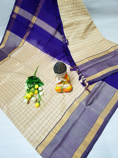 Cream with dark blue Tripura silk mahanati checks sarees