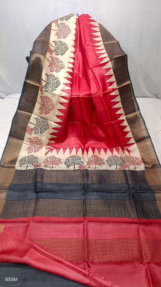 Red pure tussar silk hand block printed sarees