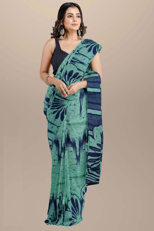 Light green and navy blue Handblock printed mulmul cotton sarees