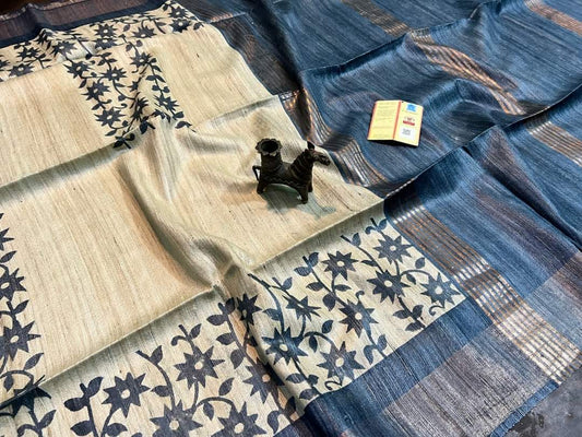 Beige and navy blue Pure Tussar gicha screen print sarees