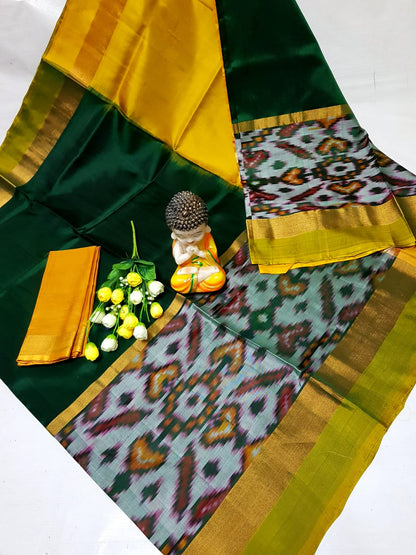 Bottle green and yellow Uppada big pochampally border sarees