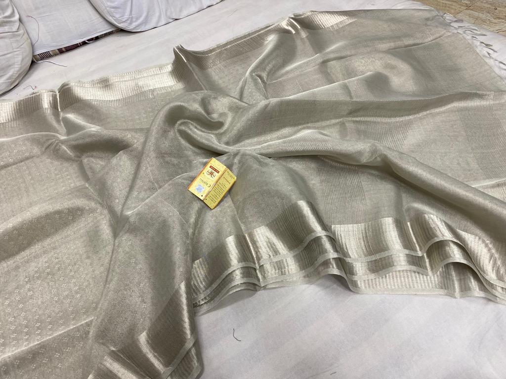 Silver Pure Tussar tissue silk sarees uswa design