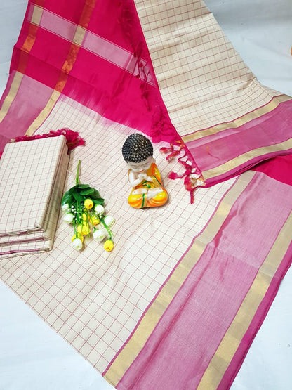 Cream and pink Tripura silk mahanati checks sarees