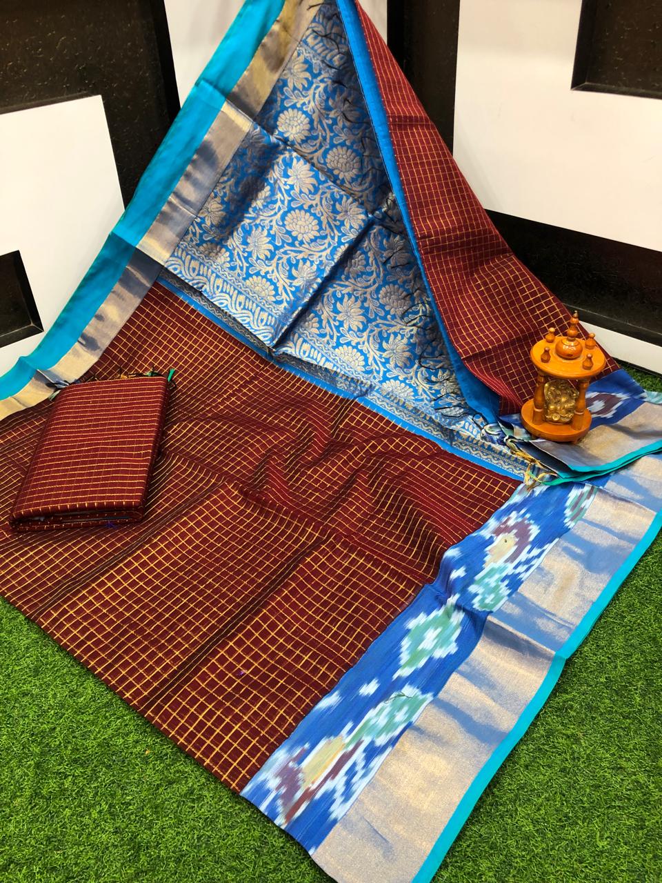 Dark brown chanderi kuppadam pochampally border sarees