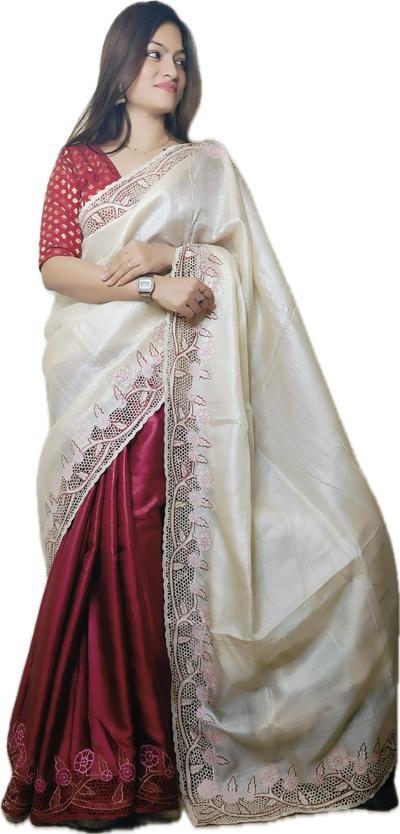 Cream and red Cutwork pure tussar silk sarees