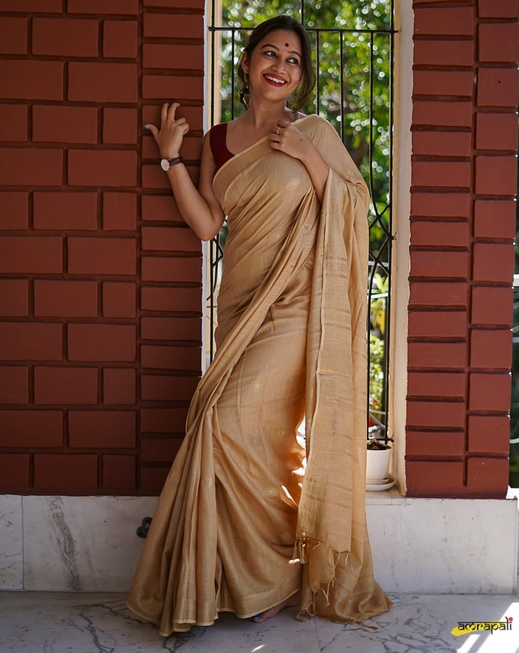 Beige linen cotton sarees