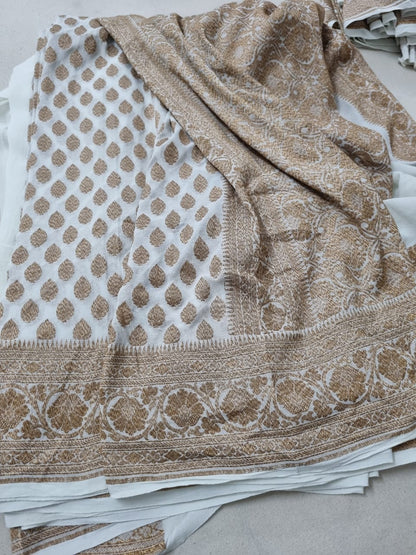 Cream handloom pure banarasi khaddi georgette sarees